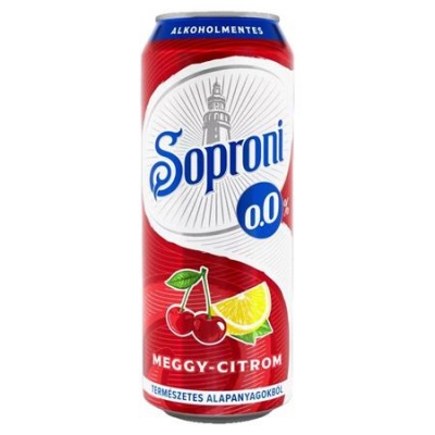 Alkoholmentes sör, 0,5 l, dobozos, SOPRONI "0.0%", meggy-citrom